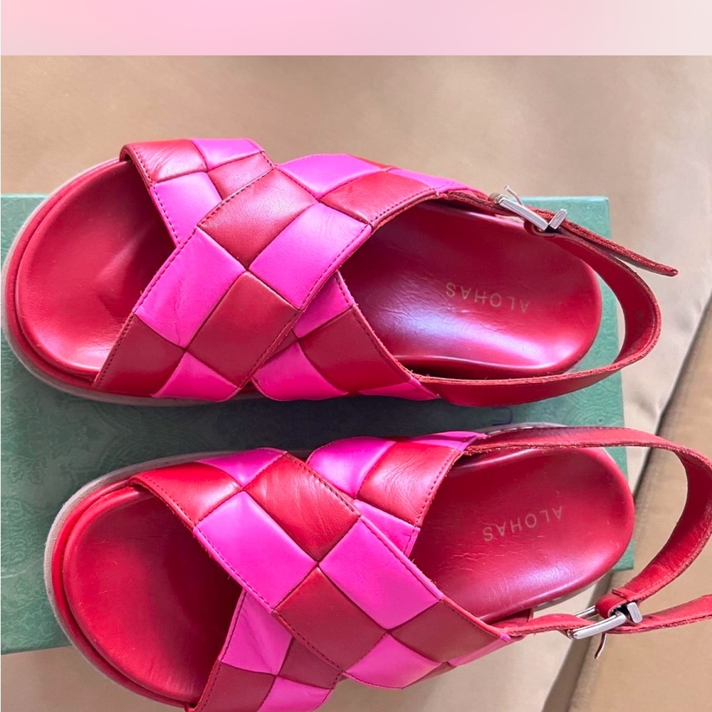 Alohas Leather Marshmallow Red and Pink Woven Checkered Sandals